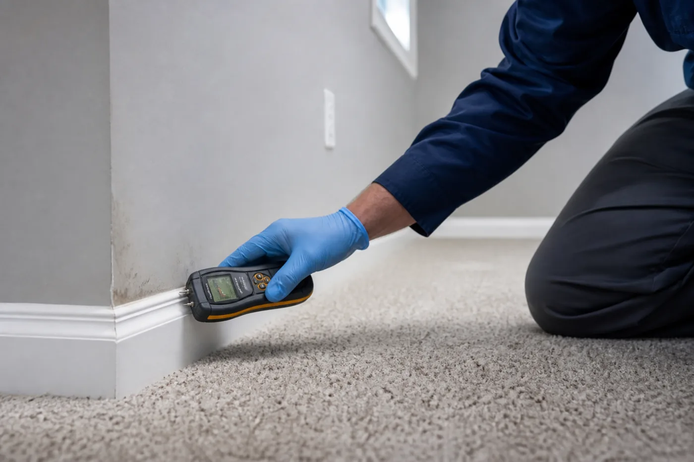 Professional checking a wall for hidden moisture